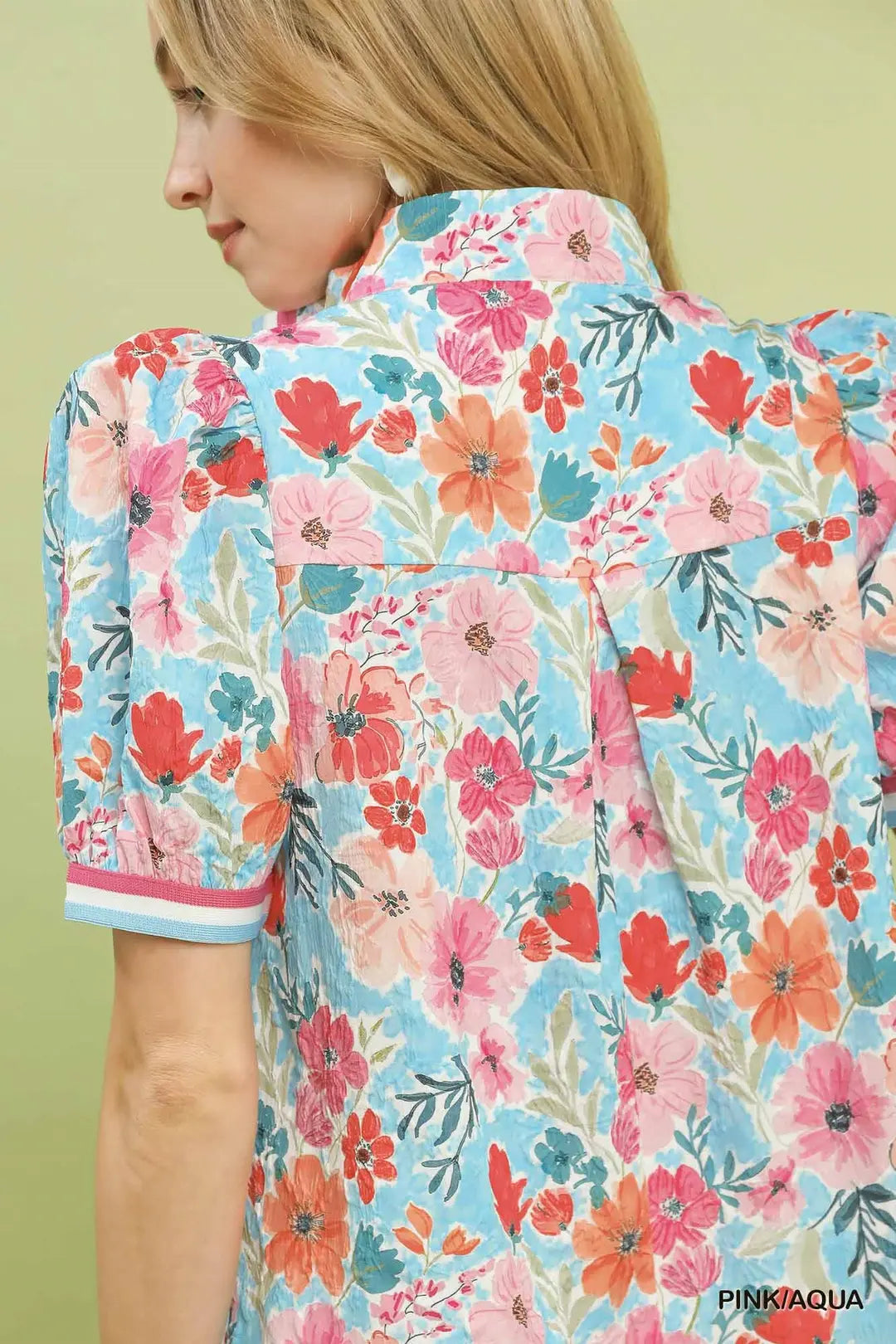 Pink/Aqua Split Neck Blouse