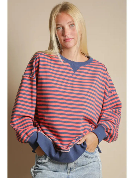 Coral and Navy Striped Top