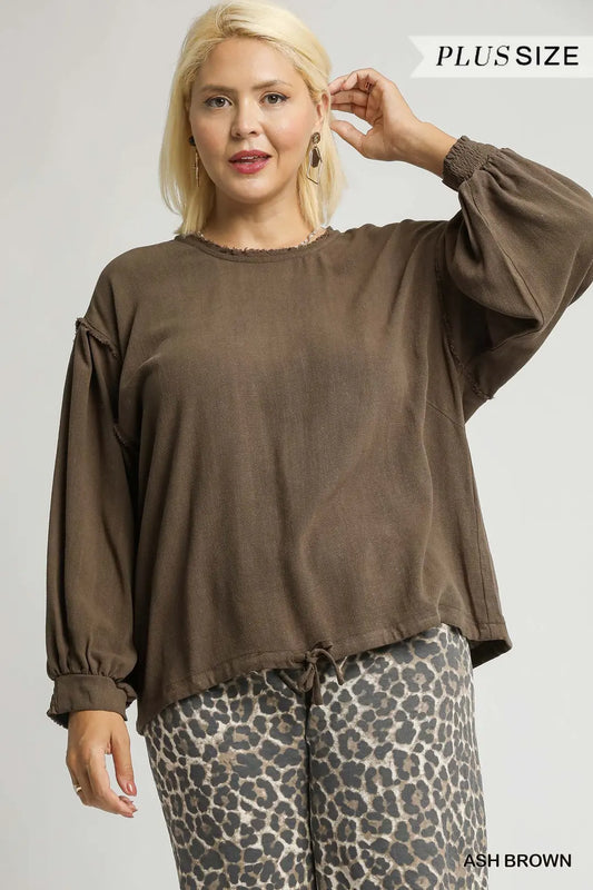 Plus Ash Brown Linen Long Sleeve Top
