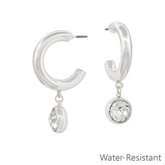 Water Resistant 1.5" Silver Hoop Earring with Circle Crystal Drop