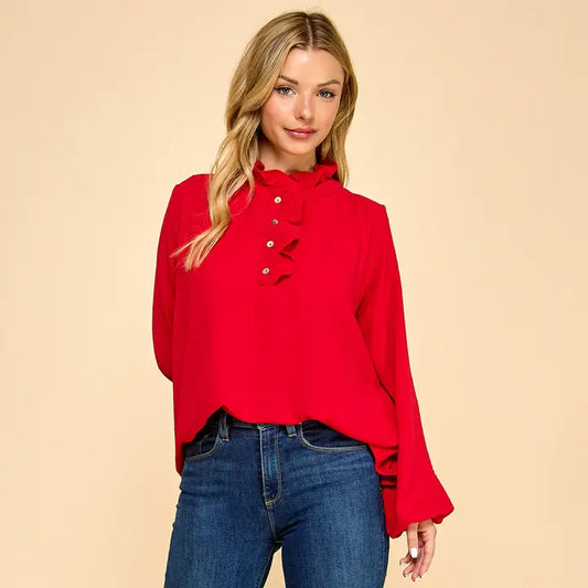Red Ruffle Mock Neck Blouse