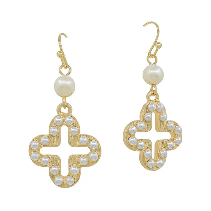 Gold Open Clover with Dotted Pearl 1.25" Earrings