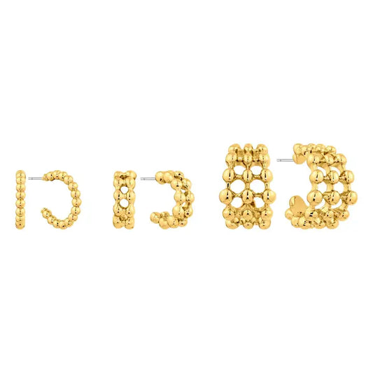 Set of 3 Gold Beaded Metal Hoops