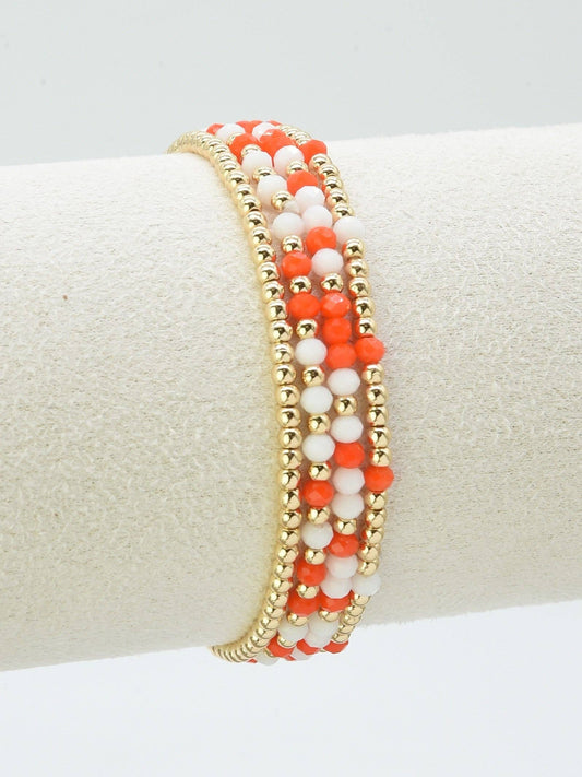 Set of 4 Orange and White Glass Bead and Gold Stretch Bracelets