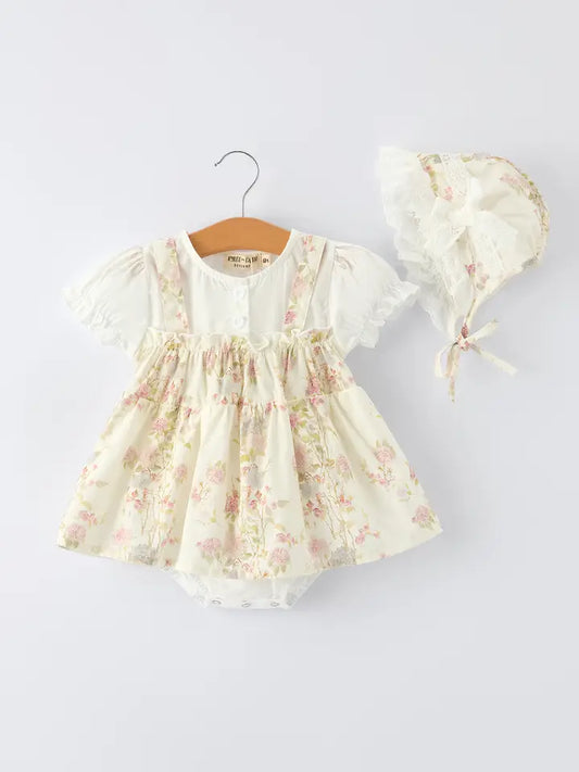 Floral Baby Girl Romper with Bow Ruffle and Hat