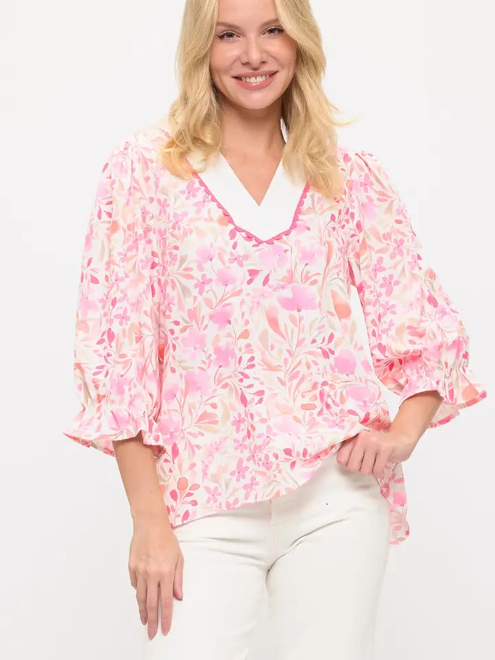 Pink and Coral Floral Blouse Top