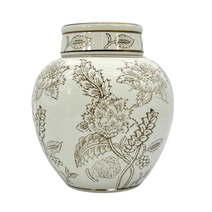 White & Brown Chinoiserie Ceramic Urn Style Jar