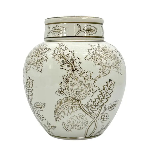 White & Brown Chinoiserie Ceramic Urn Style Jar