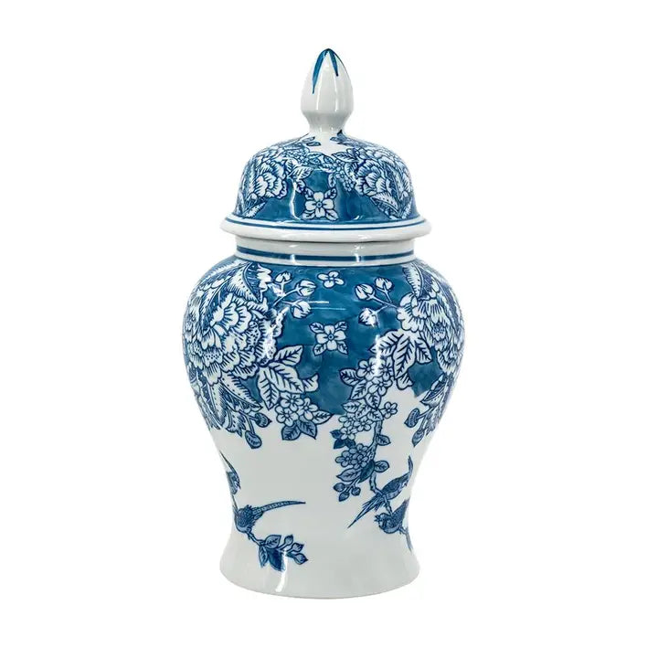 Vintage Blue and White and Floral Ceramic Jar