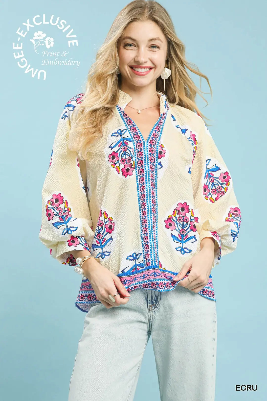 Ecru Boho Floral Print Top