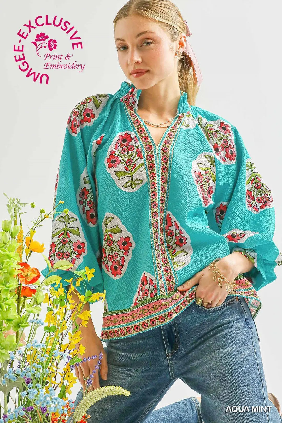 Aqua Mint Boho Floral Print Top