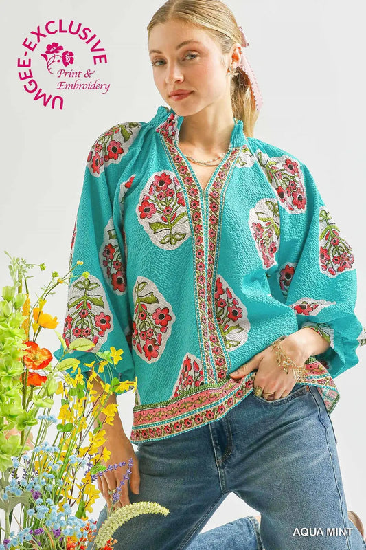 Aqua Mint Boho Floral Print Top
