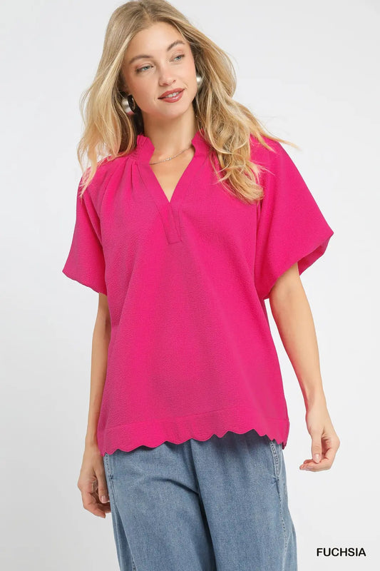 Plus Fushia Scallop Hem Blouse