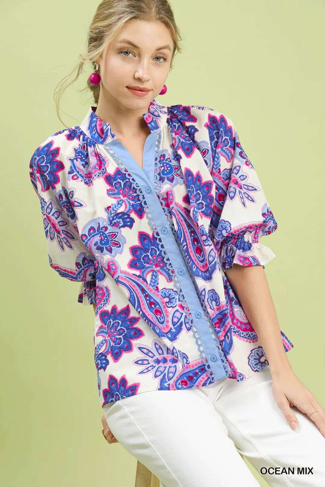 Paisley Print Button Front Top