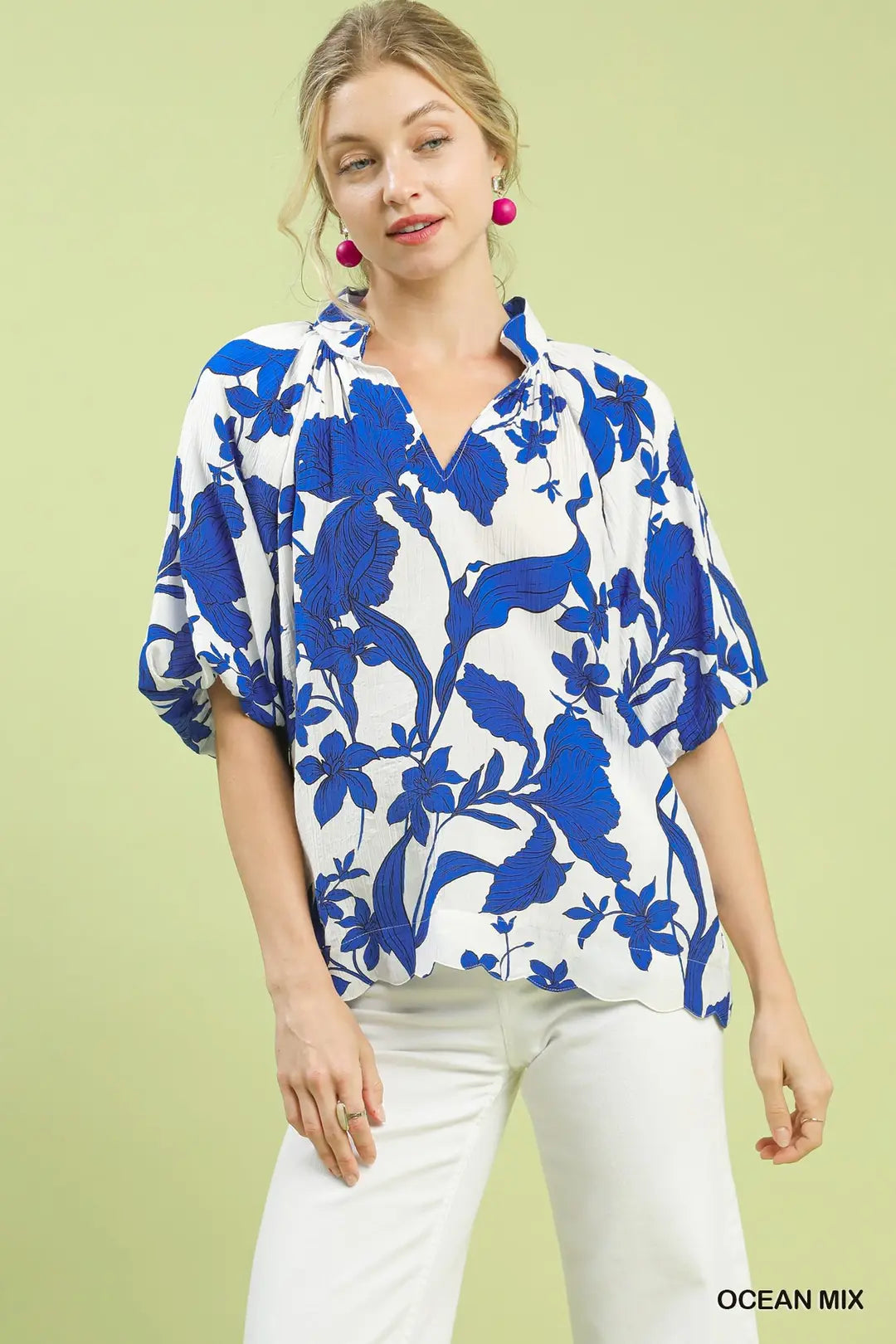 Ocean and White Floral Blouse