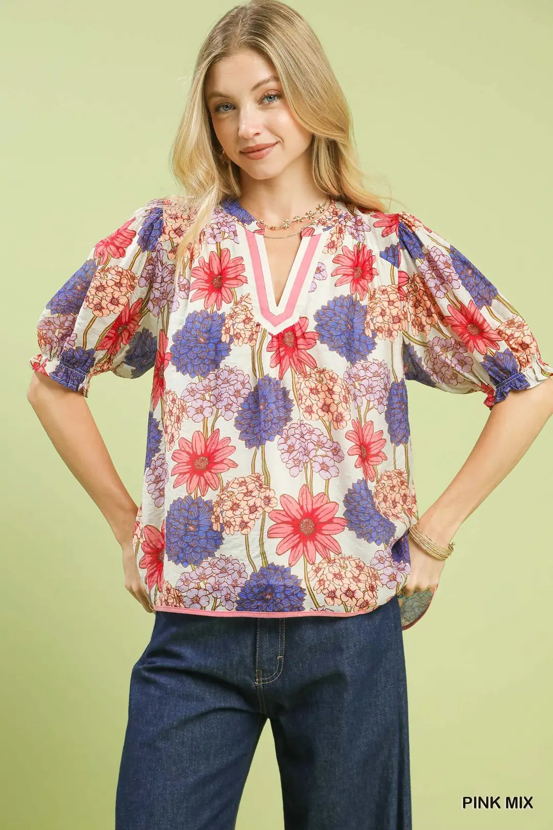 Pink Mix Floral Print Puff Sleeve Top