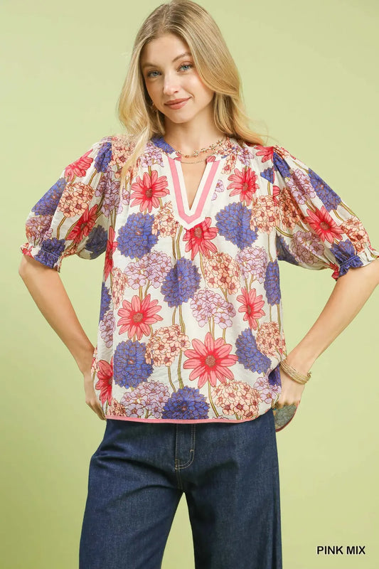 Pink Mix Floral Print Puff Sleeve Top