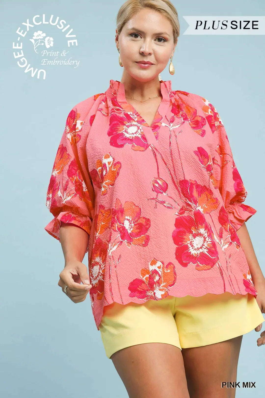 Plus Pink Mix Floral Puff Sleeve Top