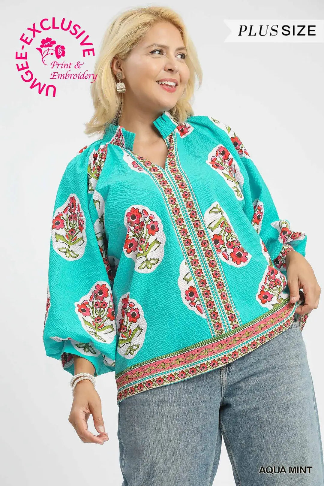 Plus Aqua Mint Boho Floral Print Top