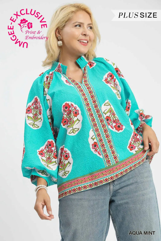 Plus Aqua Mint Boho Floral Print Top