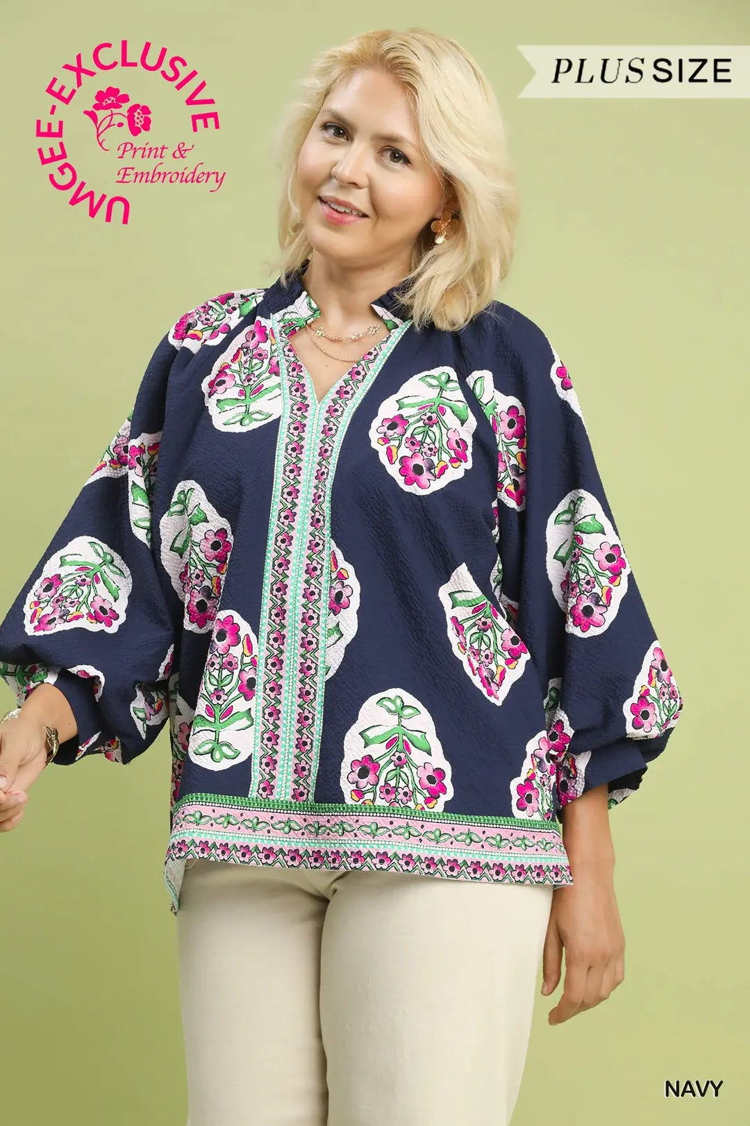 Plus Navy Boho Floral Print Blouse