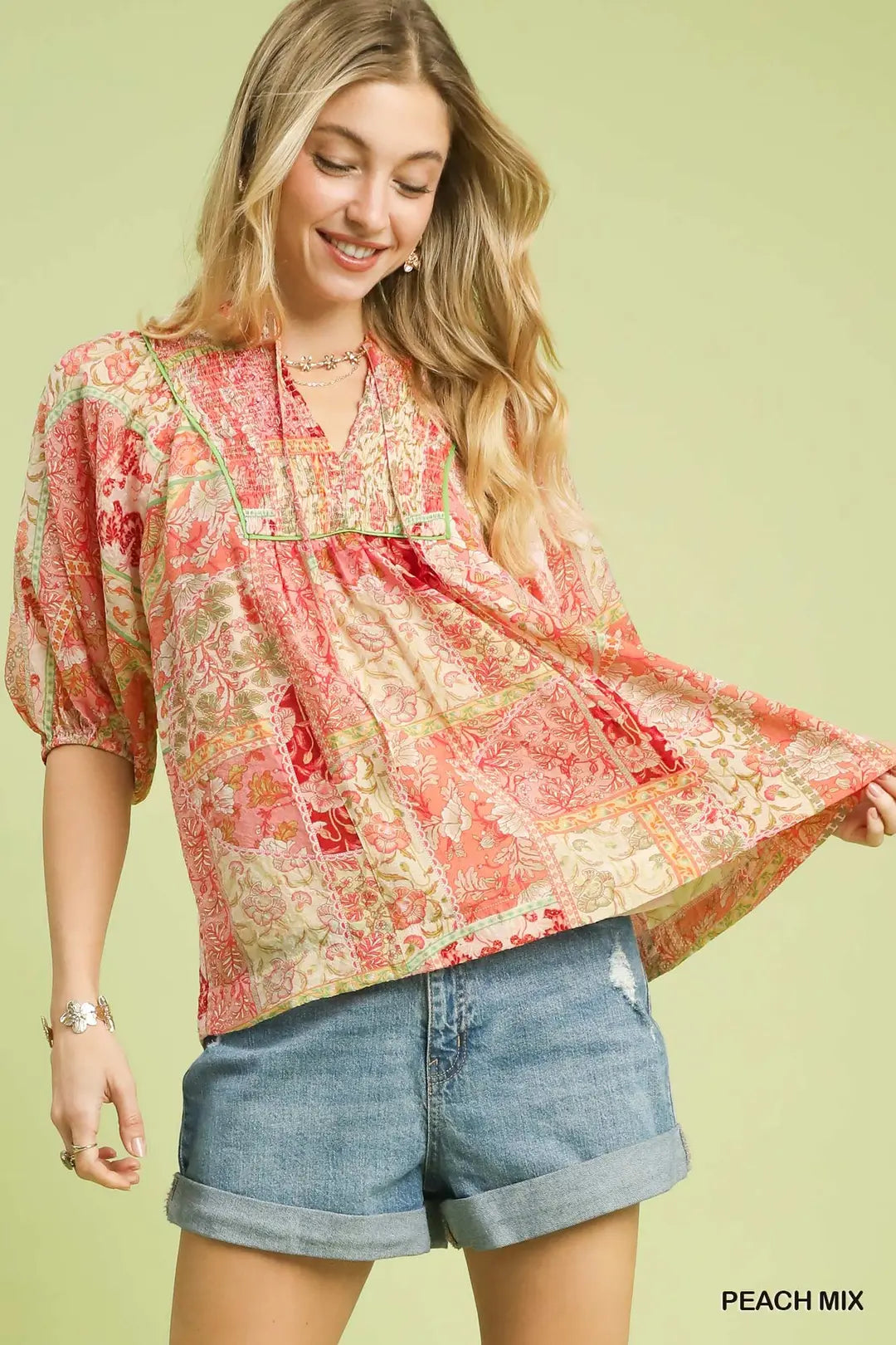 Peach Mix Patchwork Smocked Peasant Top