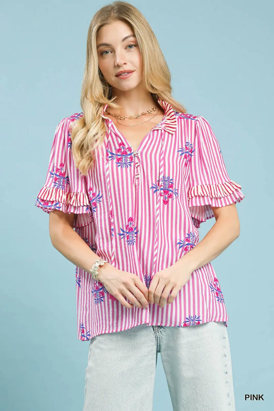 Striped Floral Ruffle Sleeve Blouse