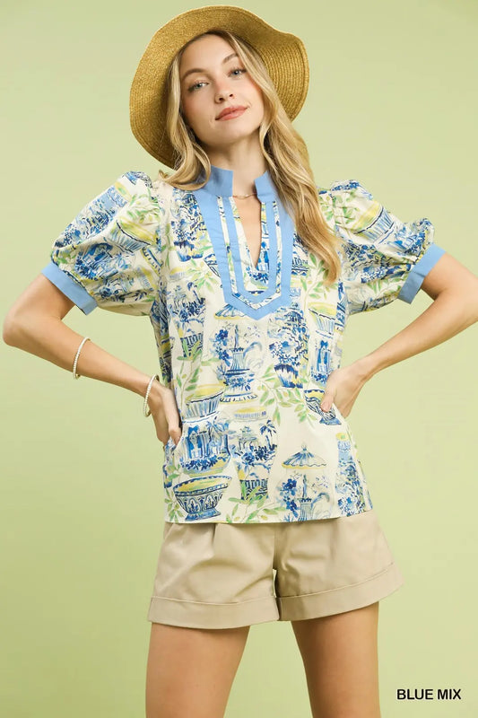 Blue Mix Abstract Print V-Neck Top