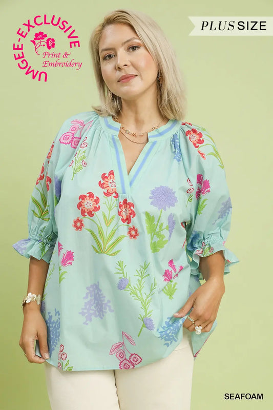 Plus Seafoam Floral Print Top