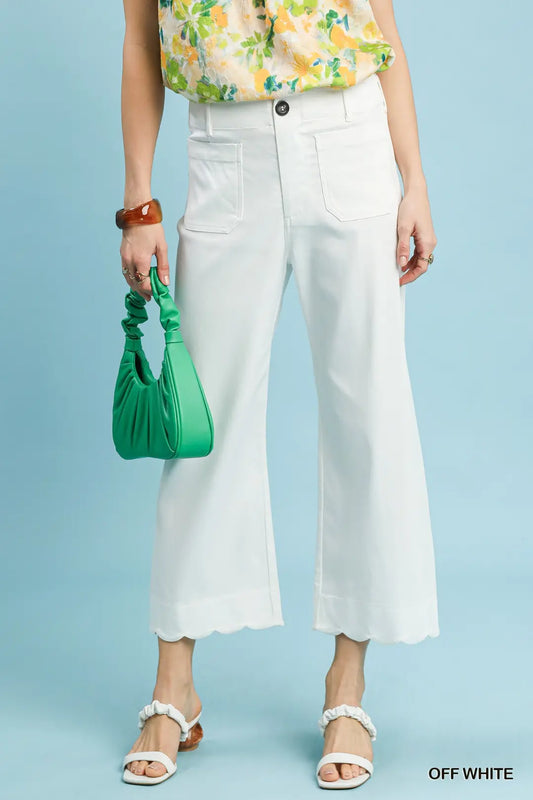 White Elastic Scallop Hem Pants