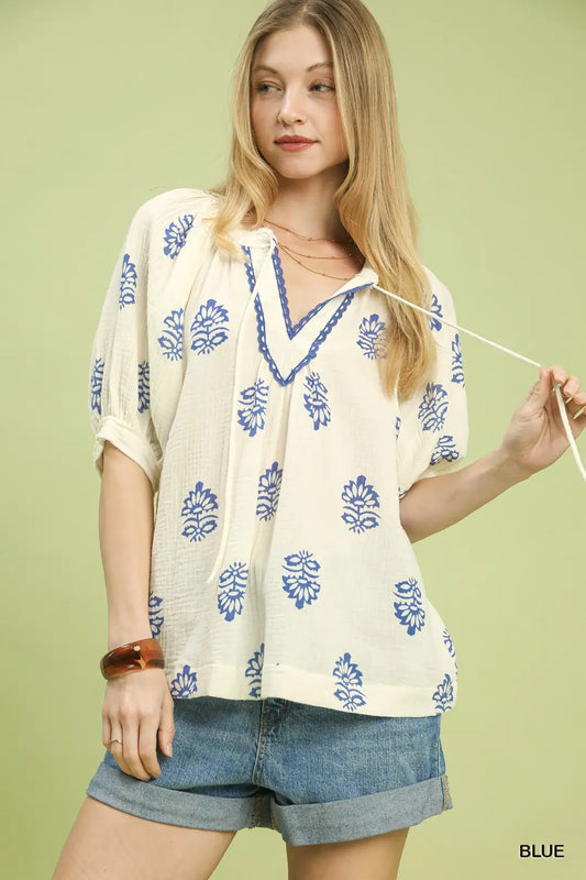 Blue and White Floral Print Gauze Top