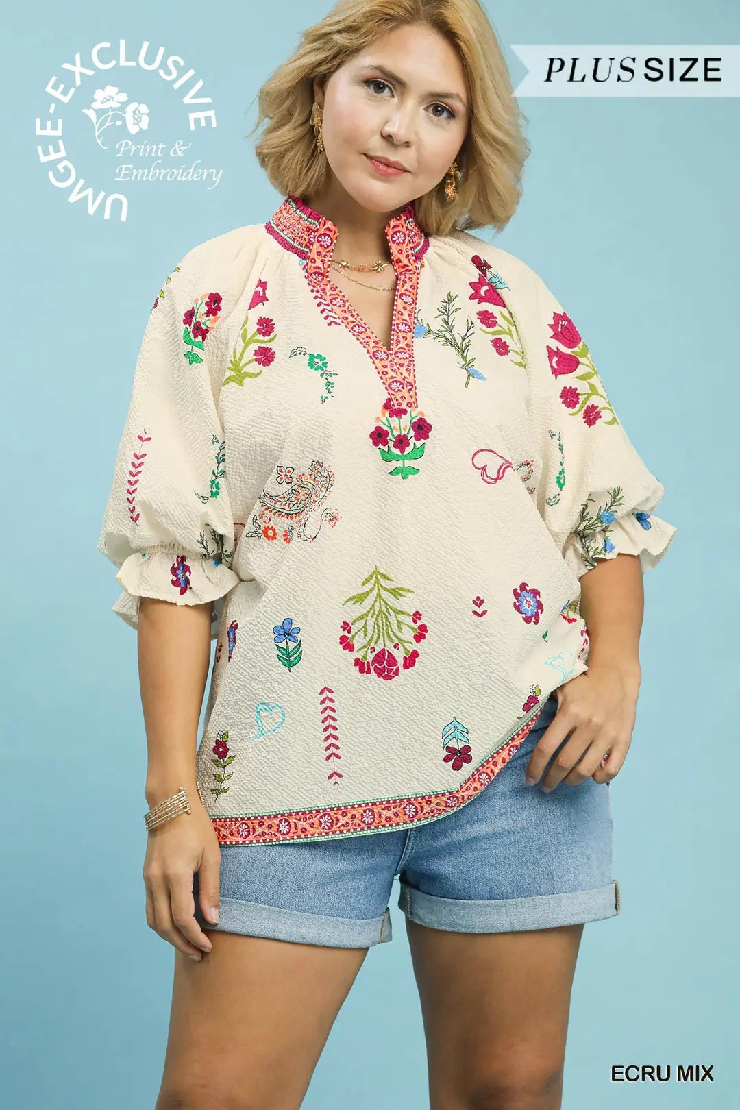 Plus Ecru Mix Floral Print Top