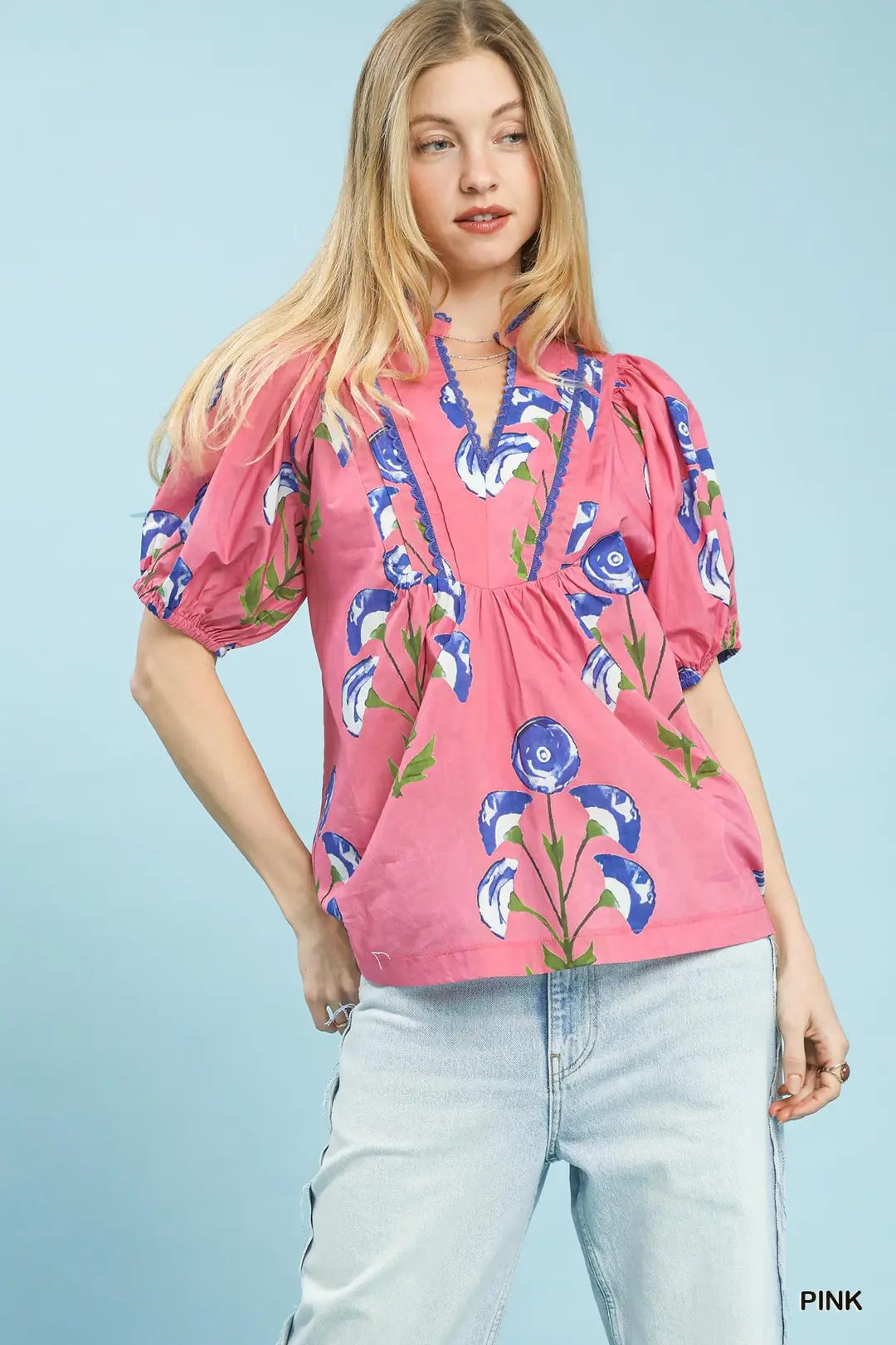 Pink Floral Puff Sleeve Babydoll Top