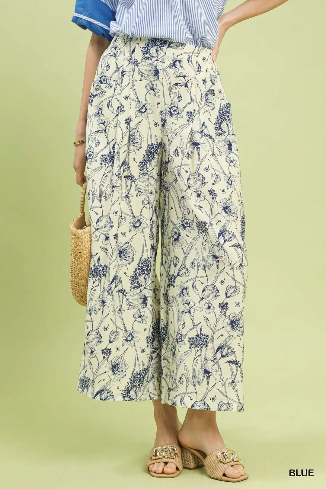Blue Two Tone Floral Print Pants