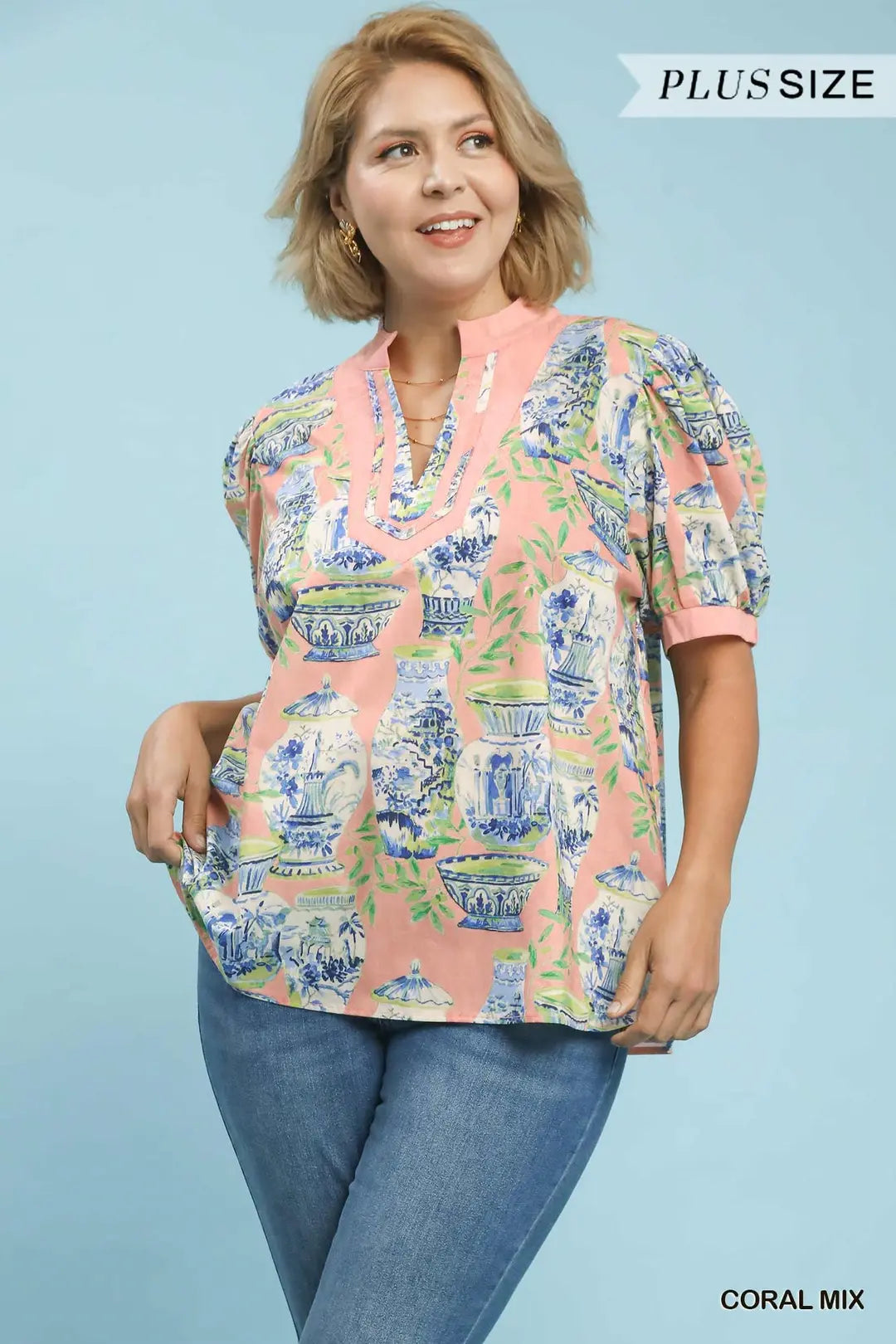 Plus Coral Mix Abstract Print Top