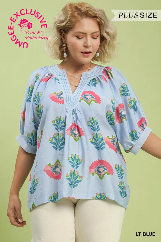 Plus Light Blue Abstract Print Top
