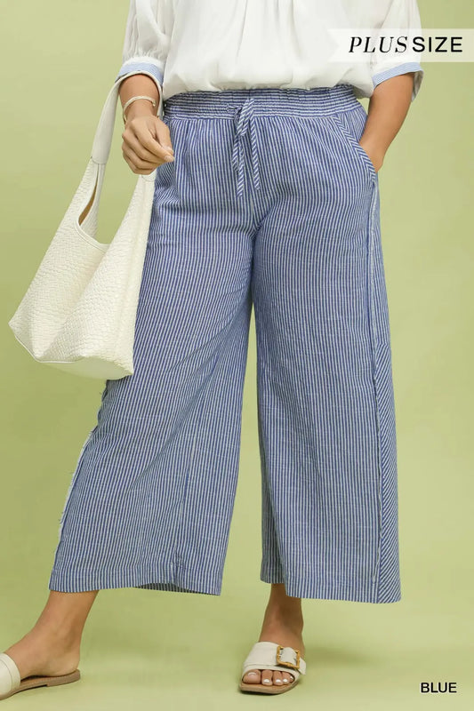 Plus Linen Blend Striped Wide Leg Pants