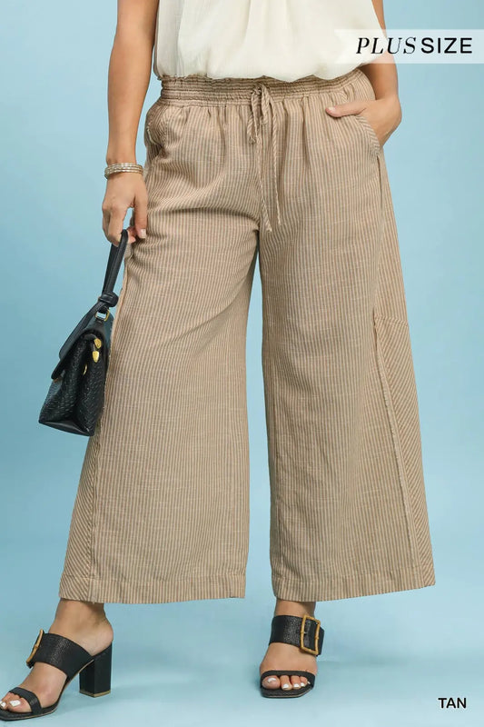 Plus Tan Linen Blend Striped Wide Leg Pants