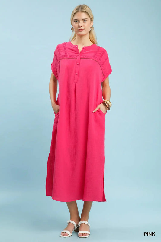 Pink Gauze Midi Dress with Lace Detail