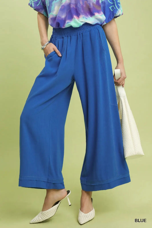 Blue Linen Elastic Wide Leg Pants