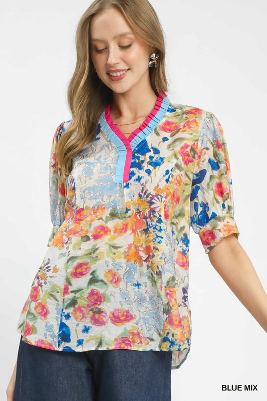 Blue Mix Contrast Pleat Neck Top