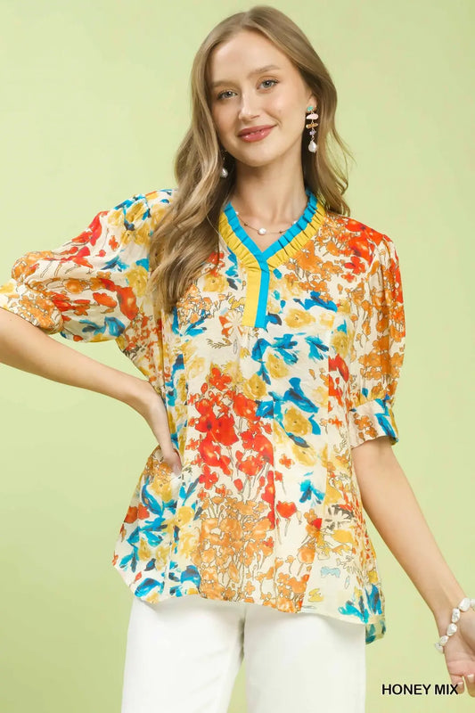 Honey Contrast Pleat Neck Top