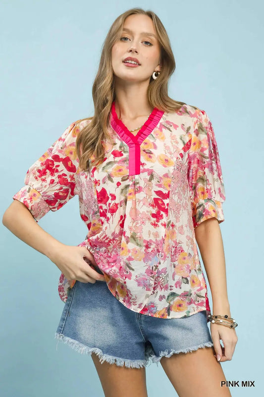 Pink Mix Contrast Pleat Neck Top