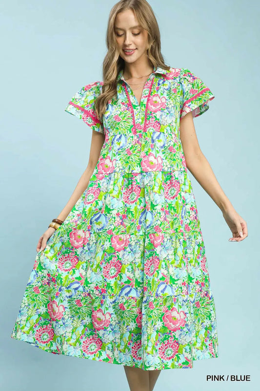 Pink & Blue Bold Mixed Floral Tiered Midi Dress