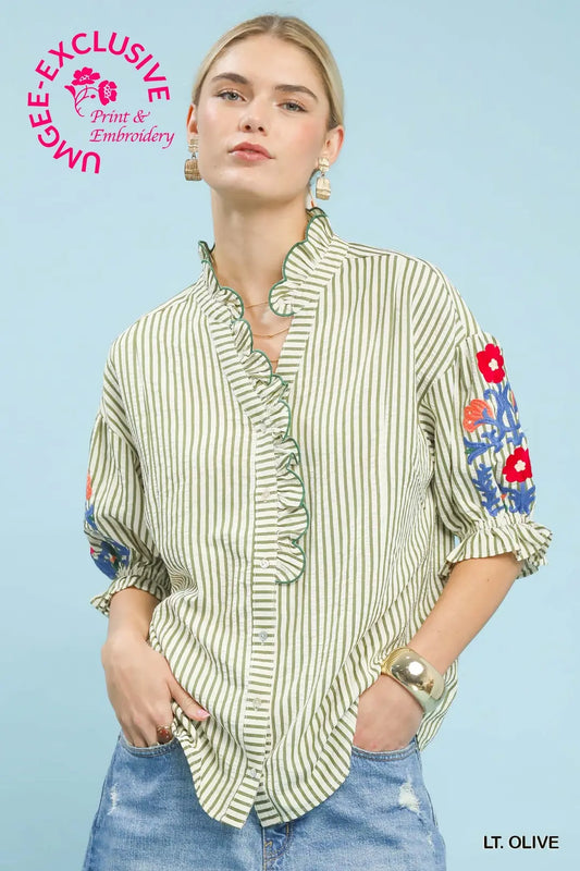 Light Olive Embroidered Striped Blouse