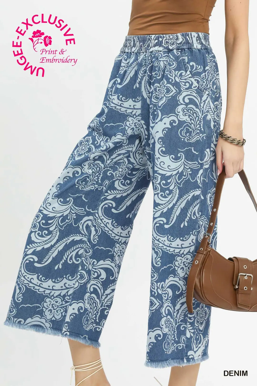 Stone Wash Wide Leg Crop Pants