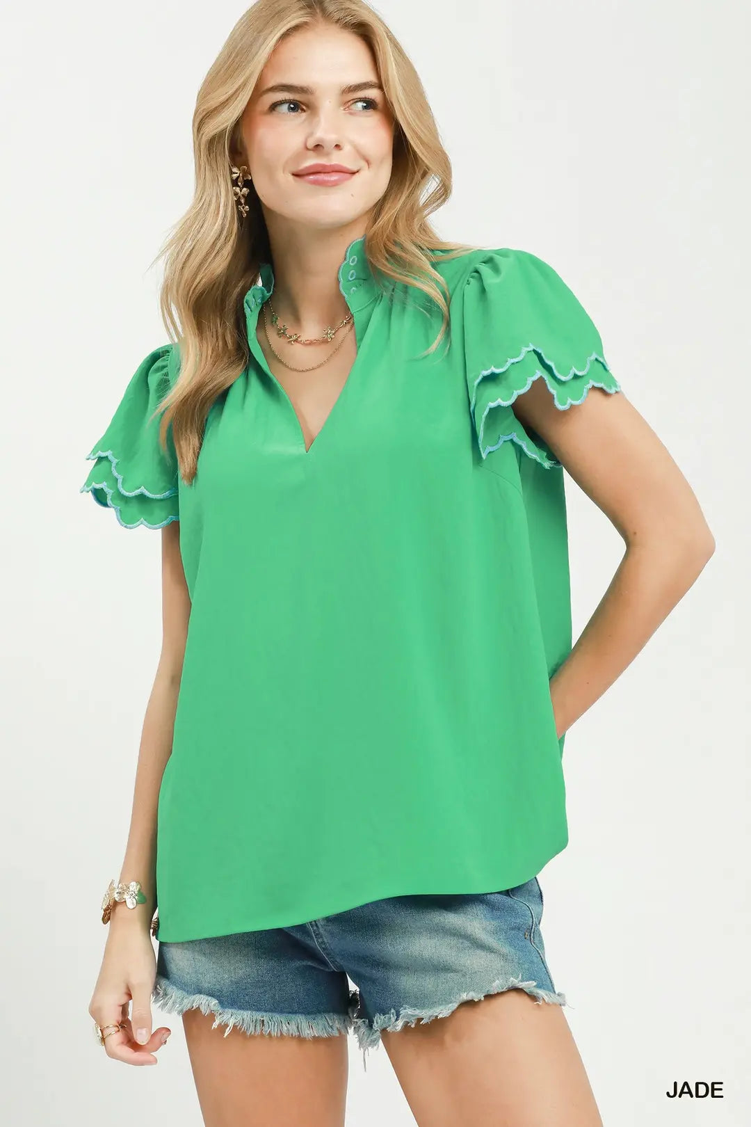 Jade Scalloped Ruffle Sleeve Top