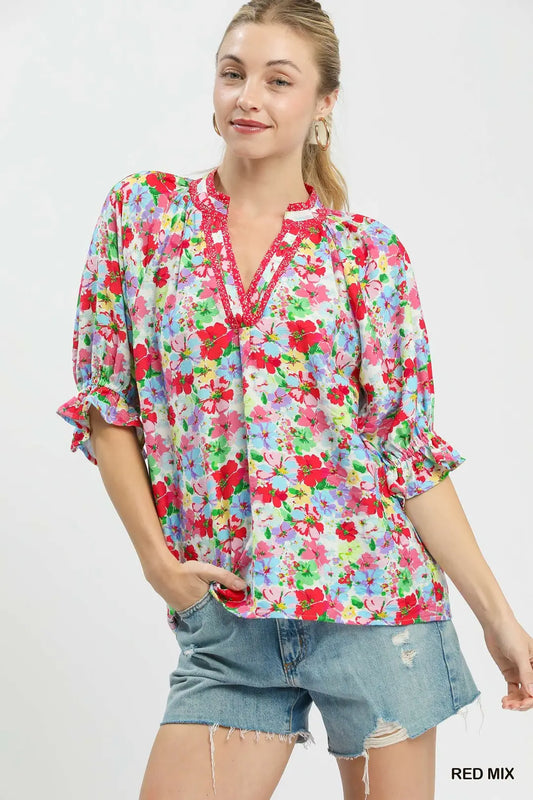Red Mix Floral Print Ruffle Top