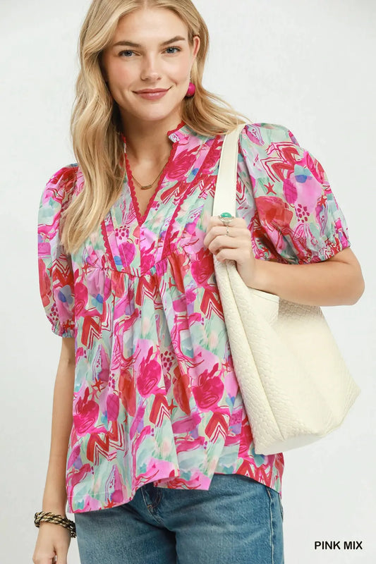 Pink Mix Abstract Print Puff Sleeve Blouse