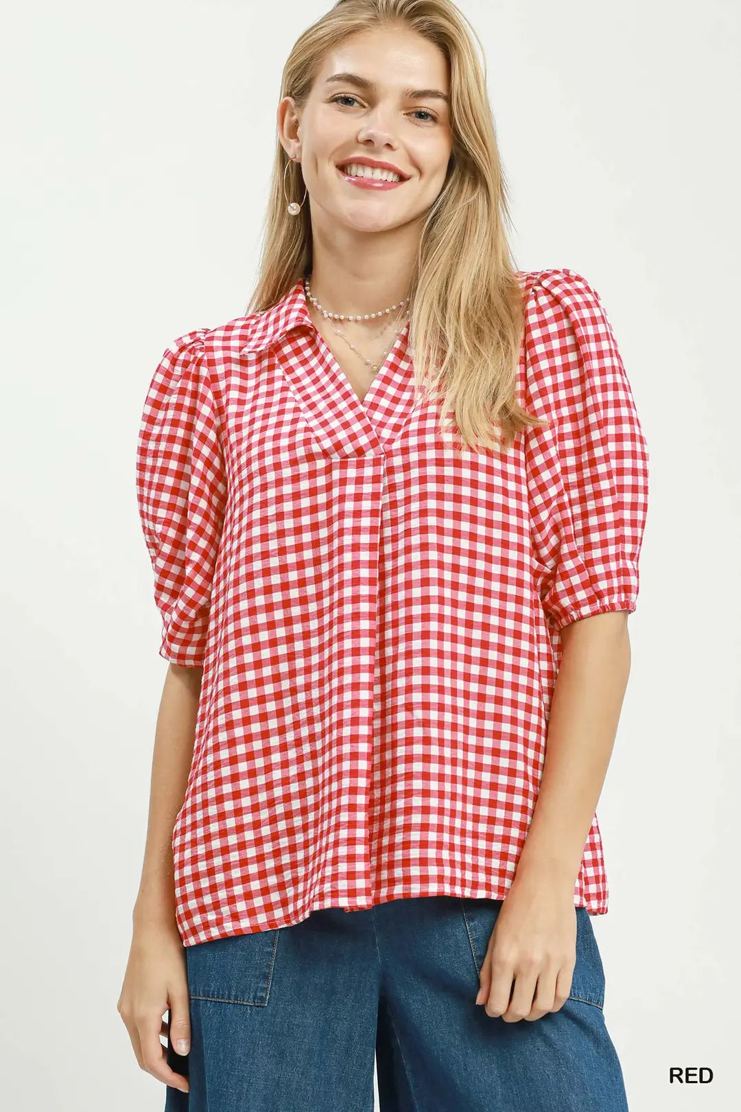 Red & White Gingham Puff Sleeve Blouse